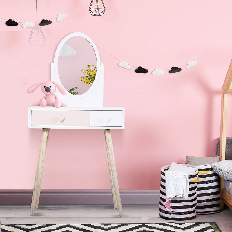 HOMCOM Kids MDF Dressing Table w/ Heart-Shaped Handles White