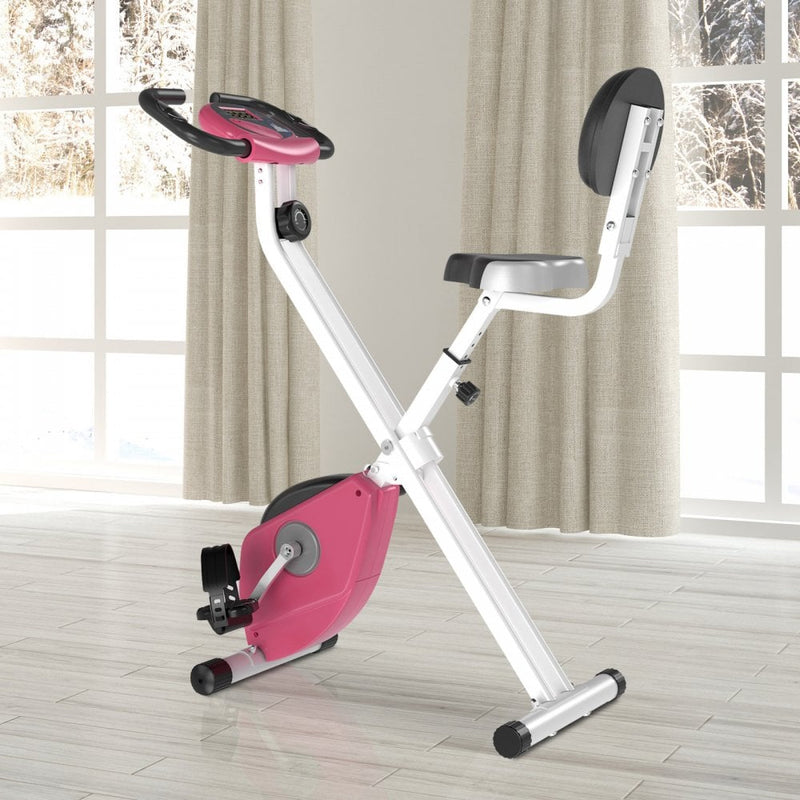 Magnetic Resistance Exercise Bike Foldable w/ LCD Monitor Adjustable Seat Heart Rate Monitors Food Straps Foot Pads Home Office Fitness Training Workout - Pink Manual