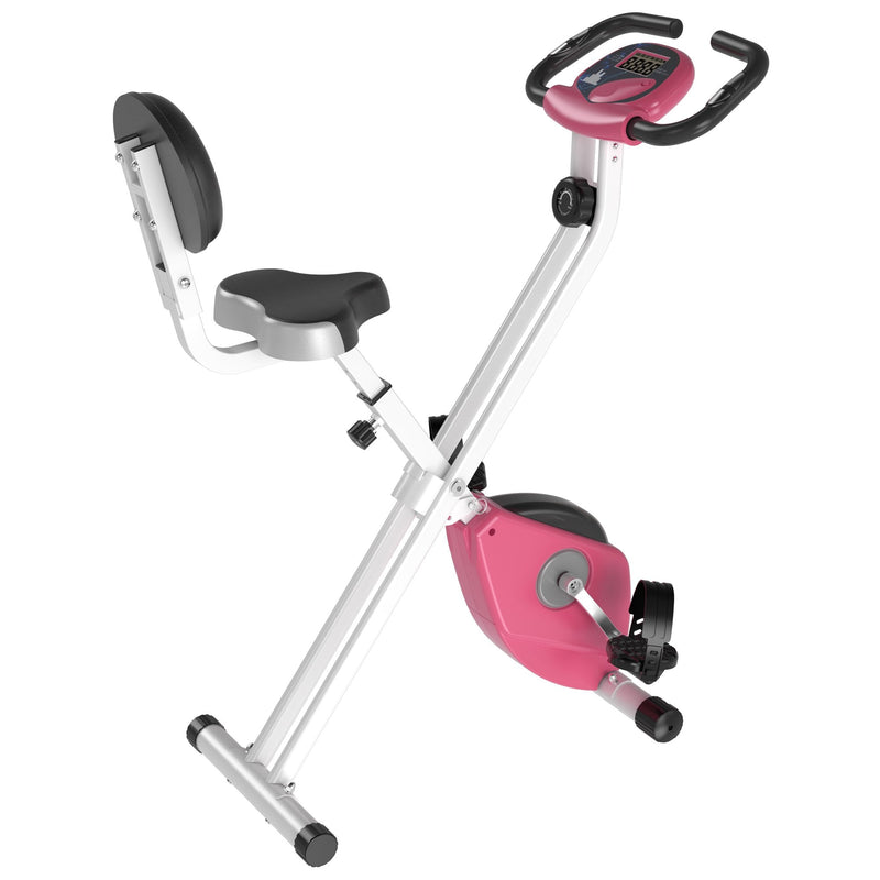 Magnetic Resistance Exercise Bike Foldable w/ LCD Monitor Adjustable Seat Heart Rate Monitors Food Straps Foot Pads Home Office Fitness Training Workout - Pink Manual