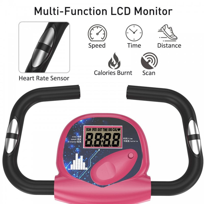 Magnetic Resistance Exercise Bike Foldable w/ LCD Monitor Adjustable Seat Heart Rate Monitors Food Straps Foot Pads Home Office Fitness Training Workout - Pink Manual