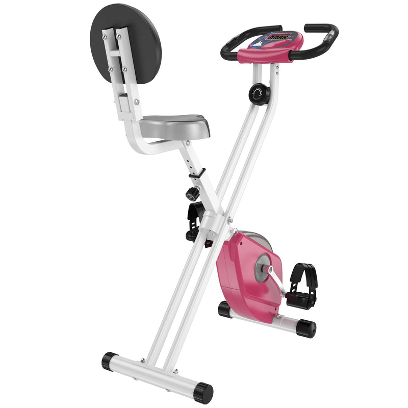 Magnetic Resistance Exercise Bike Foldable w/ LCD Monitor Adjustable Seat Heart Rate Monitors Food Straps Foot Pads Home Office Fitness Training Workout - Pink Manual