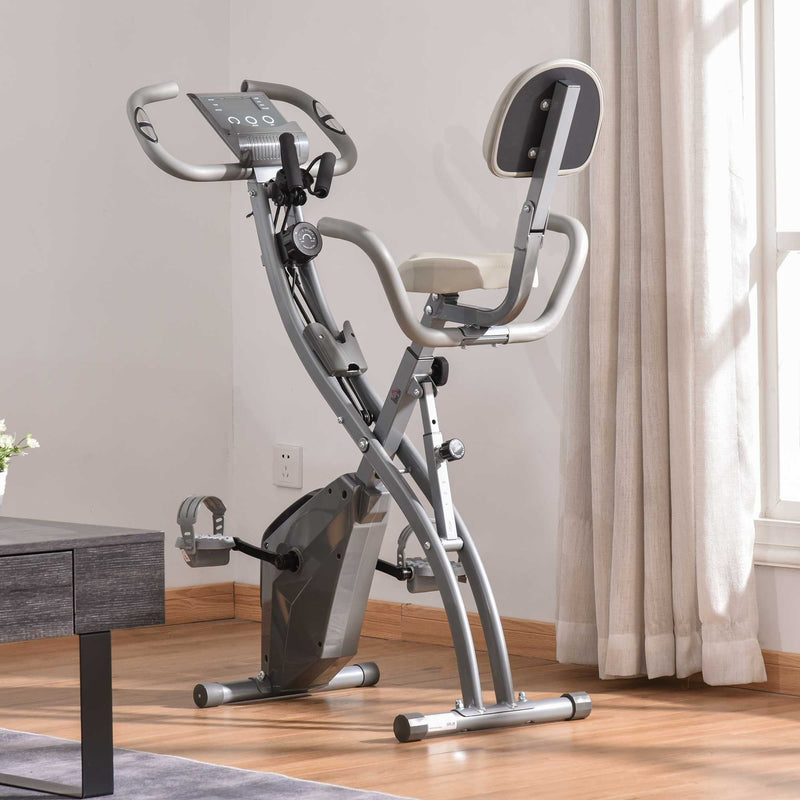 2-In-1 Grey Upright Exercise Recumbent Bike Adjustable Resistance Stationary Fitness Home Gym Foldable w/ Armrests LCD Monitor Cycling Wheels