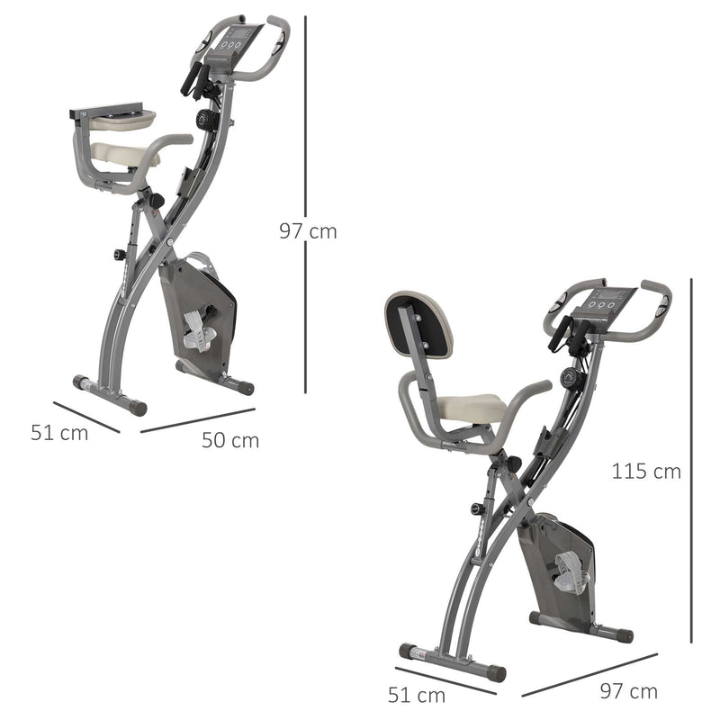 2-In-1 Grey Upright Exercise Recumbent Bike Adjustable Resistance Stationary Fitness Home Gym Foldable w/ Armrests LCD Monitor Cycling Wheels