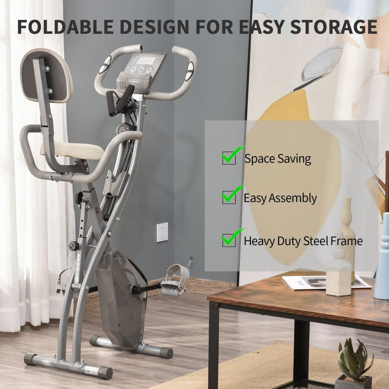 2-In-1 Grey Upright Exercise Recumbent Bike Adjustable Resistance Stationary Fitness Home Gym Foldable w/ Armrests LCD Monitor Cycling Wheels