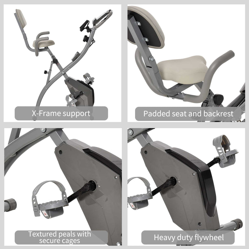 2-In-1 Grey Upright Exercise Recumbent Bike Adjustable Resistance Stationary Fitness Home Gym Foldable w/ Armrests LCD Monitor Cycling Wheels