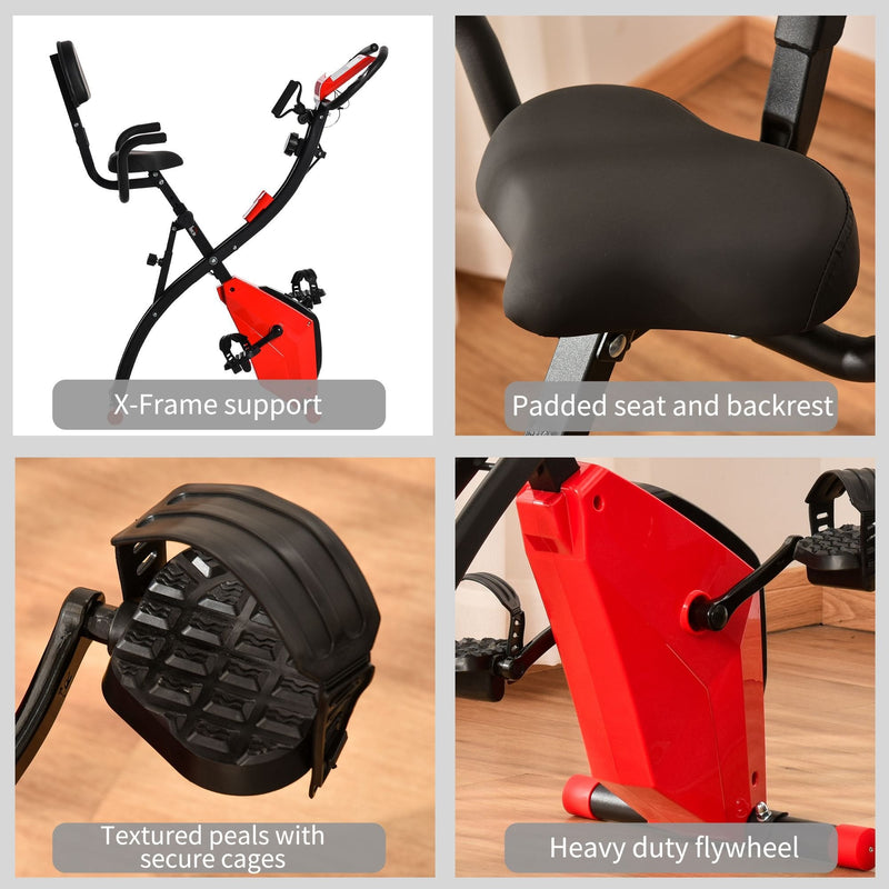 2-In-1 Red Upright Exercise Recumbent Bike Adjustable Resistance Stationary Fitness Home Gym Foldable w/ Armrests LCD Monitor Cycling Wheels