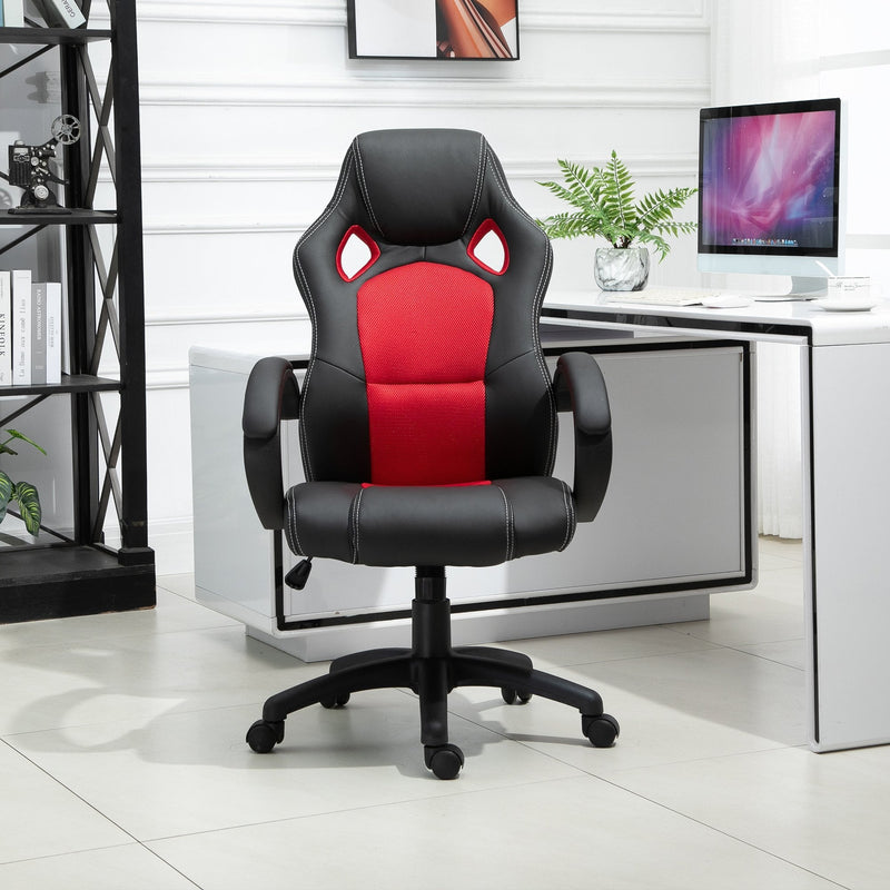 Racing PU Leather Office Chair Gaming Sports Swivel Executive Computer Height Adjustable Armchair-Black/Red