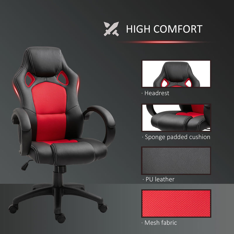 Racing PU Leather Office Chair Gaming Sports Swivel Executive Computer Height Adjustable Armchair-Black/Red