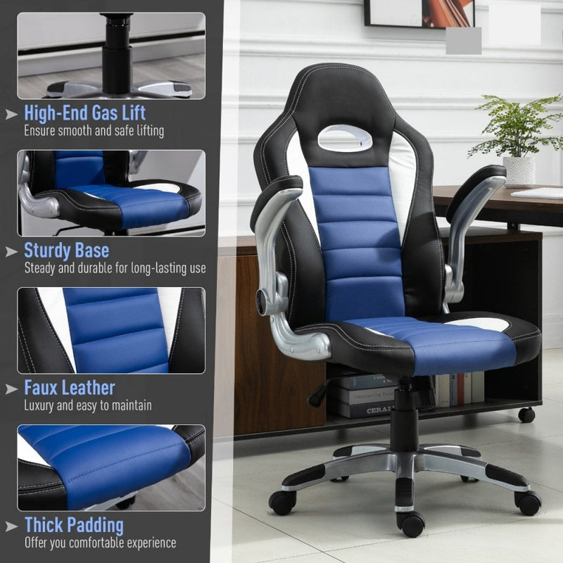 PU Leather Racing Office Chair Bucket Computer Gaming Swivel Adjustable Desk - Black/Blue/White
