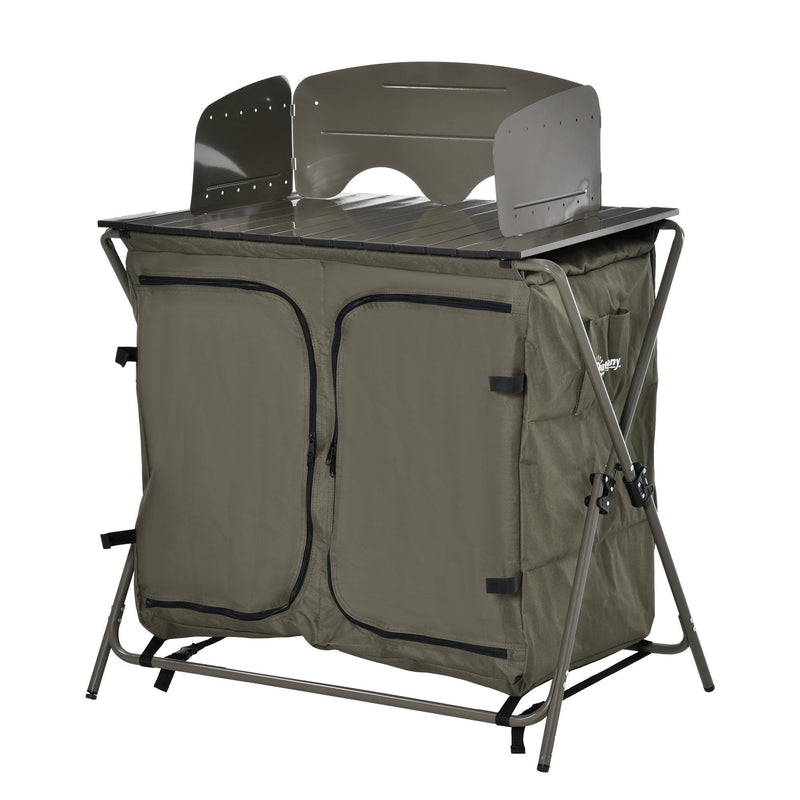Outsunny Foldable Camping Kitchen Storage Unit with Windshield & 6 Shelves for BBQ Party Picnics Backyards with Carrying Bag