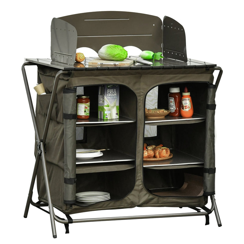 Outsunny Foldable Camping Kitchen Storage Unit with Windshield & 6 Shelves for BBQ Party Picnics Backyards with Carrying Bag