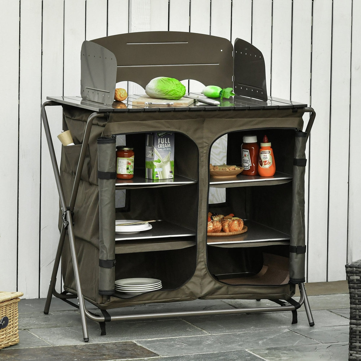 camping kitchen Outsunny Foldable Camping Kitchen Storage Unit with Windshield & 6 She