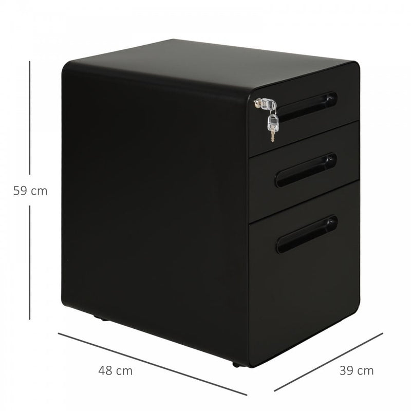 Vinsetto Steel 3-Drawer Curved Filing Cabinet Mobile File Cabinet W/ Lock Black