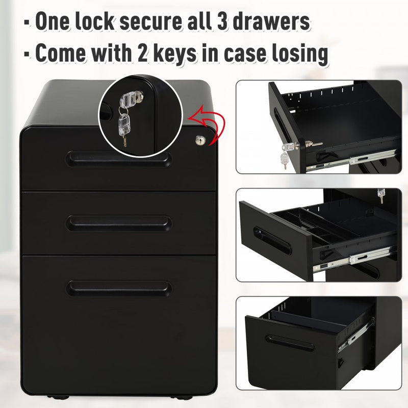 Vinsetto Steel 3-Drawer Curved Filing Cabinet Mobile File Cabinet W/ Lock Black