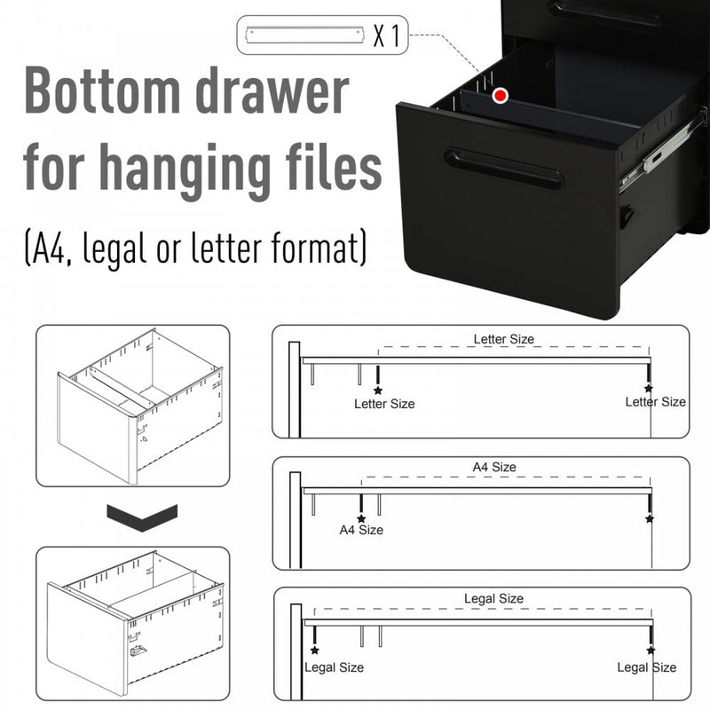 Vinsetto Steel 3-Drawer Curved Filing Cabinet Mobile File Cabinet W/ Lock Black