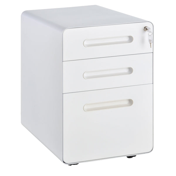 Vinsetto Steel 3-Drawer Curved Mobile File Cabinet w/ Lock All-Metal Rolling White Vertical File Cabinet