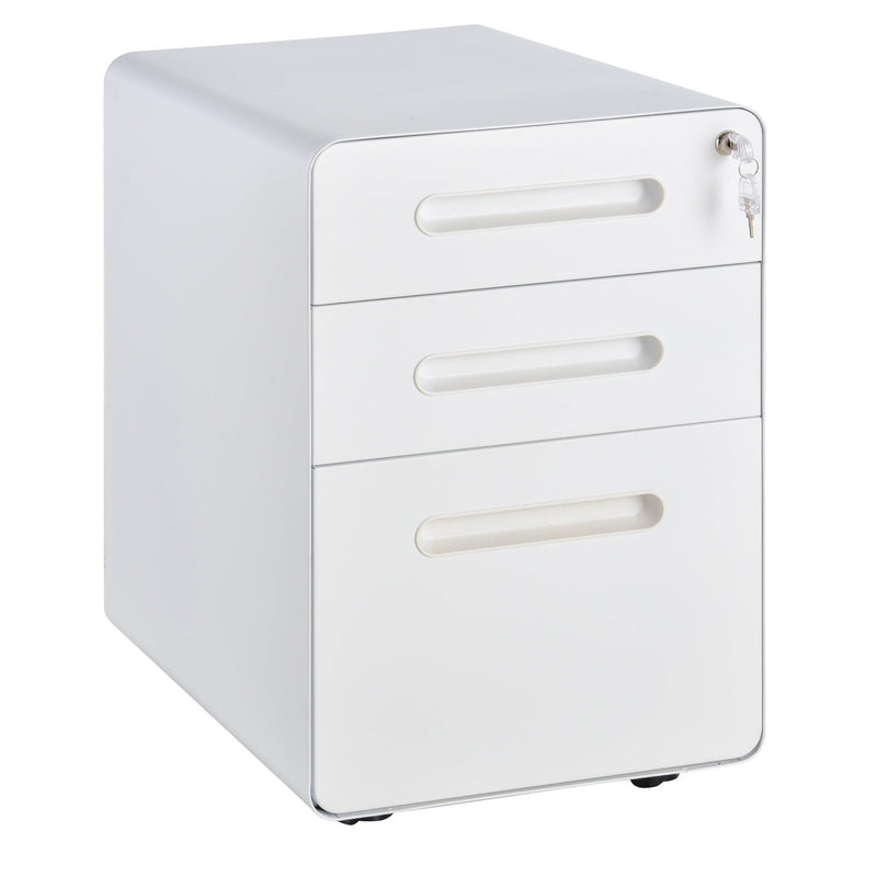 Vinsetto Steel 3-Drawer Curved Mobile File Cabinet w/ Lock All-Metal Rolling White Vertical File Cabinet