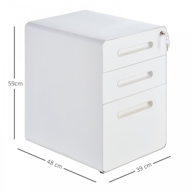 Vinsetto Steel 3-Drawer Curved Mobile File Cabinet w/ Lock All-Metal Rolling White Vertical File Cabinet