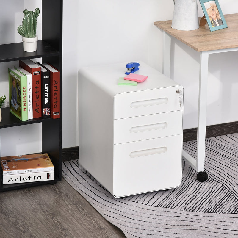 Vinsetto Steel 3-Drawer Curved Mobile File Cabinet w/ Lock All-Metal Rolling White Vertical File Cabinet