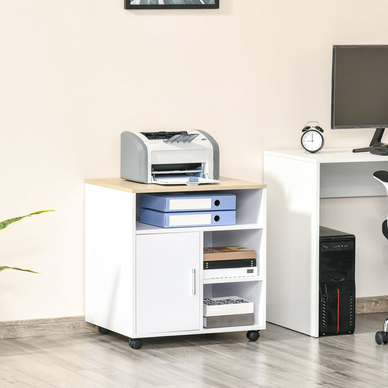 Multi-Storage Printer Stand Unit Office Desk Side Mobile Storage w/ Wheels Modern Style 60L x 50W x 65.5H cm - White Organisation 5 Compartments