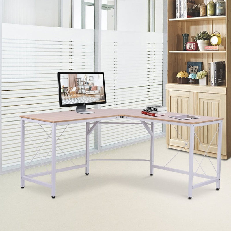 L-Shaped Corner  Oak Desk Computer Desk Table For Home Office Workstation w/Steel Frame