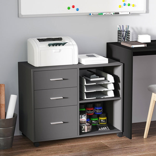 Freestanding Printer Stand Unit Office Desk Side Mobile Storage w/ Wheels 3 Drawers, 2 Open Shelves Modern Style 80L x 40W x 65H cm - Grey Cabinet Drawers 4 Home