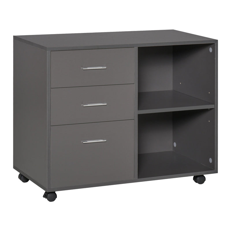 Freestanding Printer Stand Unit Office Desk Side Mobile Storage w/ Wheels 3 Drawers, 2 Open Shelves Modern Style 80L x 40W x 65H cm - Grey Cabinet Drawers 4 Home