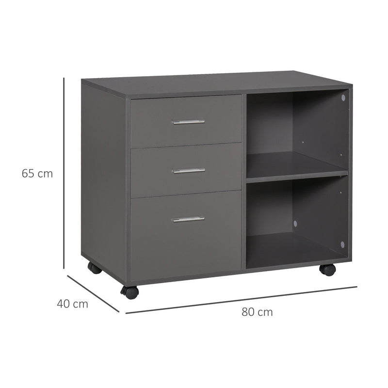 Freestanding Printer Stand Unit Office Desk Side Mobile Storage w/ Wheels 3 Drawers, 2 Open Shelves Modern Style 80L x 40W x 65H cm - Grey Cabinet Drawers 4 Home