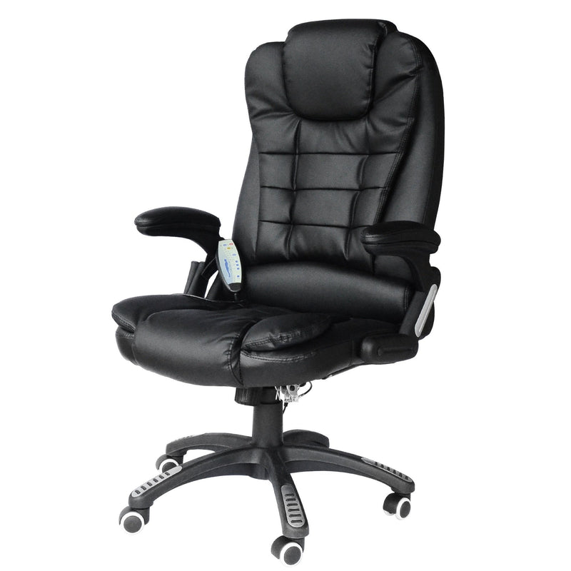 Black Leather Office Chair PU Massage Function Deluxe Reclining Faux Computer 6-Point Massage Back Desk Work Swivel