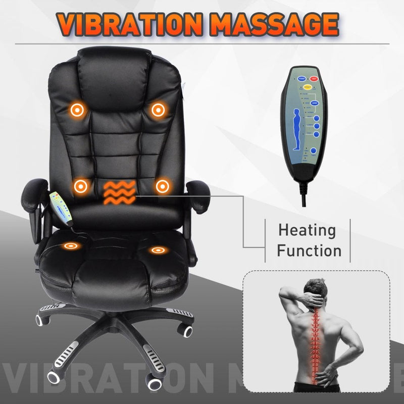 Black Leather Office Chair PU Massage Function Deluxe Reclining Faux Computer 6-Point Massage Back Desk Work Swivel