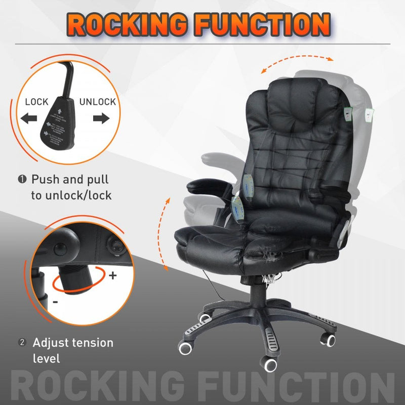 Black Leather Office Chair PU Massage Function Deluxe Reclining Faux Computer 6-Point Massage Back Desk Work Swivel