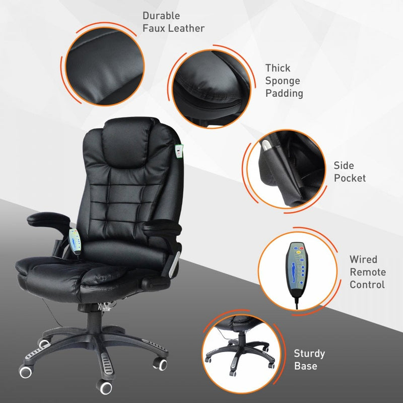 Black Leather Office Chair PU Massage Function Deluxe Reclining Faux Computer 6-Point Massage Back Desk Work Swivel