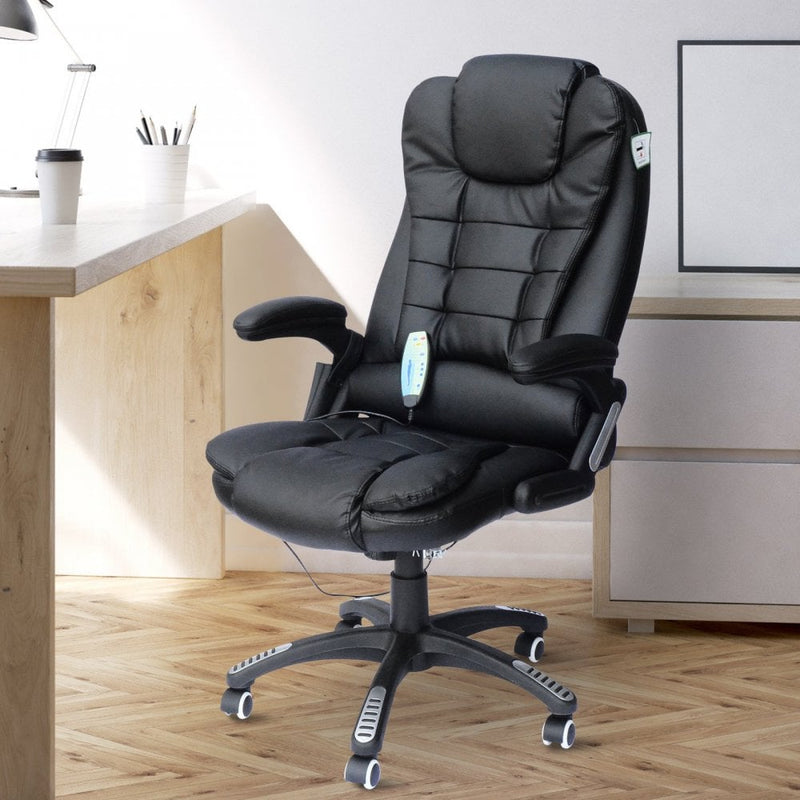 Black Leather Office Chair PU Massage Function Deluxe Reclining Faux Computer 6-Point Massage Back Desk Work Swivel