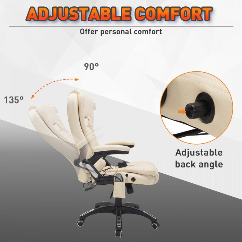 Office Chair Reclining Faux PU Leather 6-Point High Back Computer Desk Work Swivel W/Massage Function - Cream