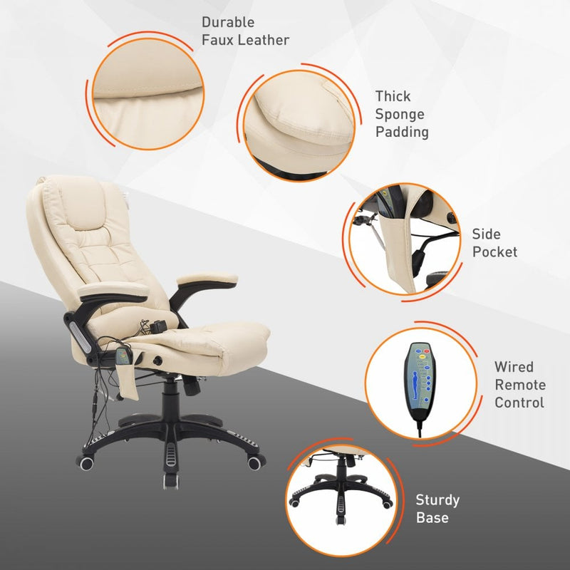 Office Chair Reclining Faux PU Leather 6-Point High Back Computer Desk Work Swivel W/Massage Function - Cream