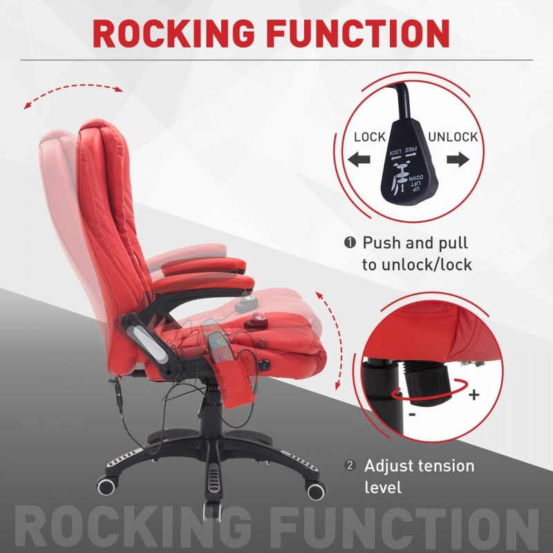 Reclining PU Leather Office Computer Chair 6-Point Massage High Back Desk Work Swivel - Red