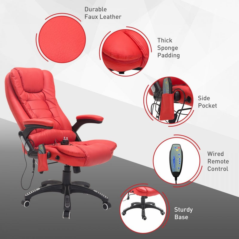 Reclining PU Leather Office Computer Chair 6-Point Massage High Back Desk Work Swivel - Red
