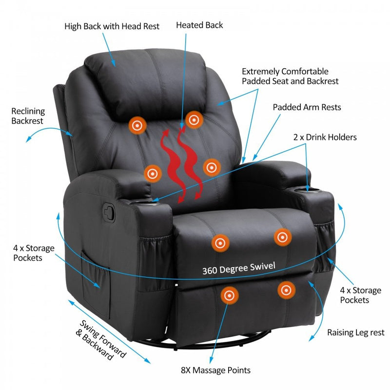 Electric Massage Recliner Chair PU Leather Black Luxury Sofa Armchair Cinema Rocking Swivel Heated Nursing Gaming Thick