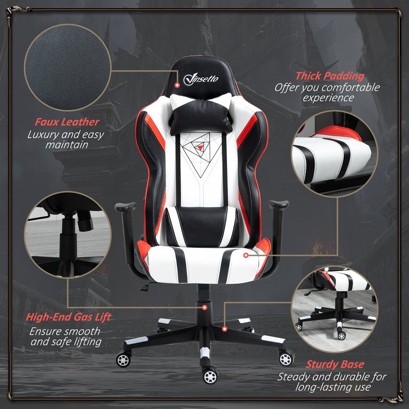 Vinsetto High Back Gaming Chair with Headrest, Arm, Lumbar Support, Swivel Home Office PU Leather Recliner Racing Gamer Desk Chair, Black White Red