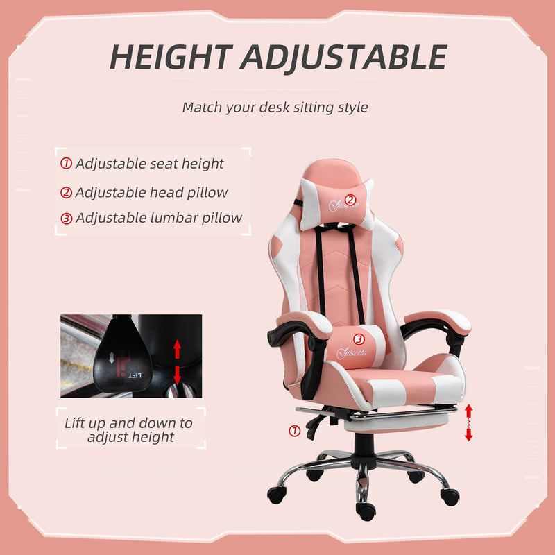 Vinsetto Racing Gaming Chair with Lumbar Support, Head Pillow, Swivel Wheels, High Back Recliner Gamer Desk Chair for Home Office, Pink Chair