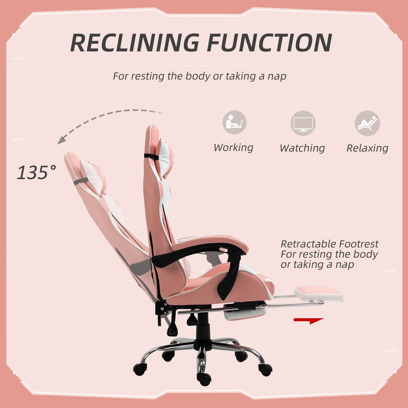Vinsetto Racing Gaming Chair with Lumbar Support, Head Pillow, Swivel Wheels, High Back Recliner Gamer Desk Chair for Home Office, Pink Chair