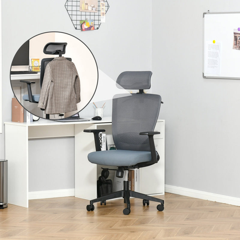Vinsetto Mesh Home Office Chair with Lumbar Back Support, Coar Hanger High Back Swivel Chair, Adjustable Height Head Pillow, Blue Grey