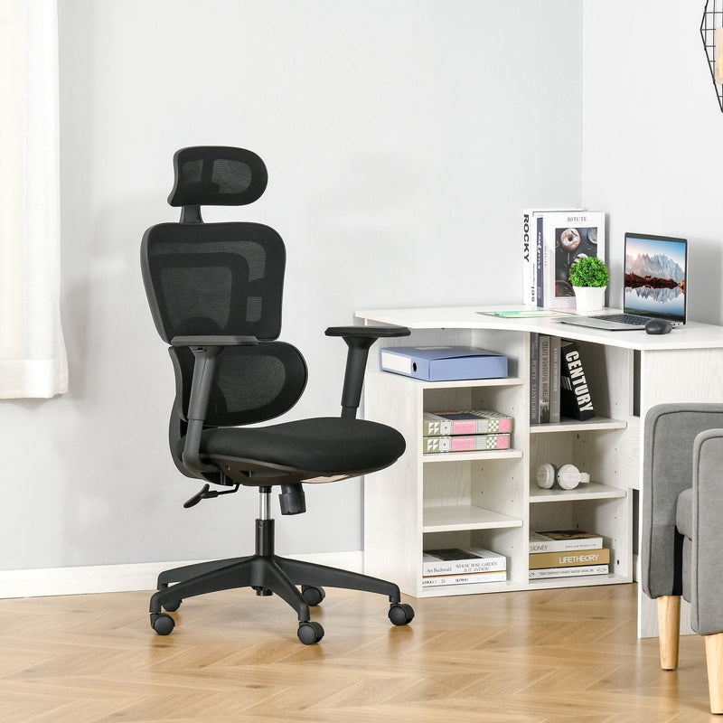 Vinsetto Mesh Office Chair, Ergonomic High-Back Swivel Desk Chair with Adjustable Height, Headrest, Lumbar Support, Padded Seat for Home Office Black w/ Headrest
