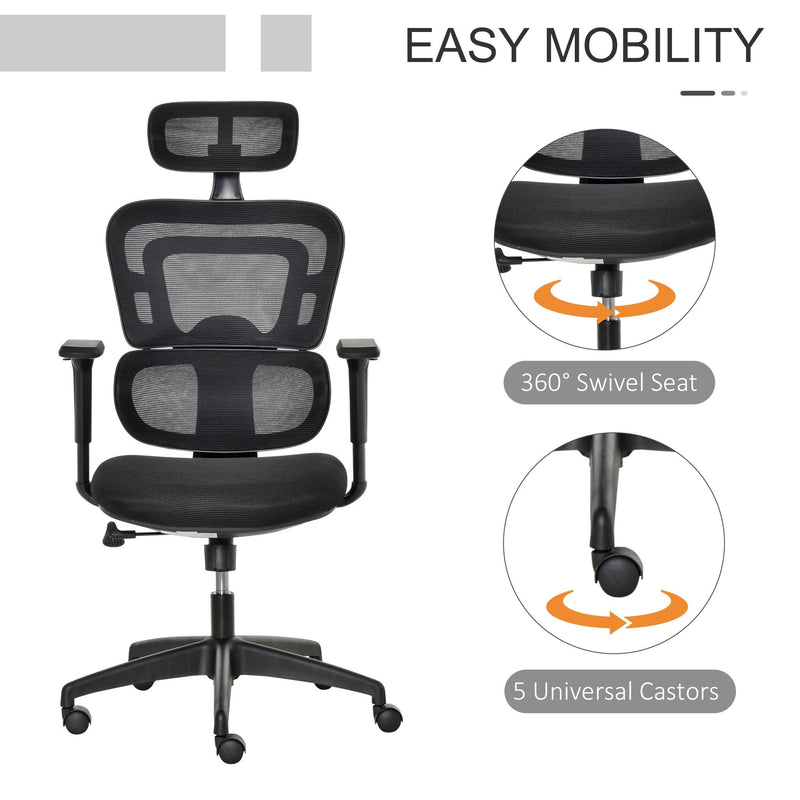 Vinsetto Mesh Office Chair, Ergonomic High-Back Swivel Desk Chair with Adjustable Height, Headrest, Lumbar Support, Padded Seat for Home Office Black w/ Headrest