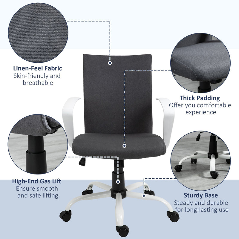 Vinsetto Office Chair Linen Swivel Computer Desk Chair Home Study Task Chair with Wheels, Arm, Charcoal Grey Chair, Deep