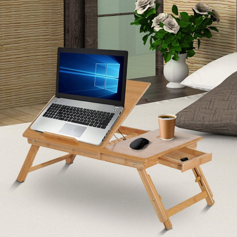 55Lx35Wx 22-30H cm Portable Bamboo Laptop Desk Notebook Tray PC Bed Table W/ Drawer Adjustable & Foldable-Bamboo