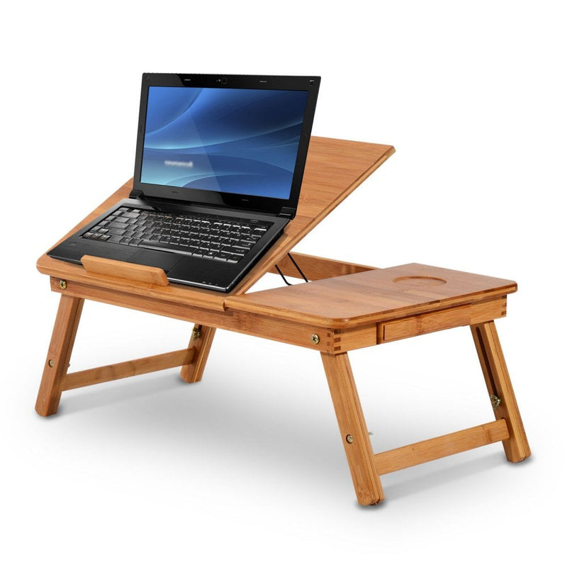 55Lx35Wx 22-30H cm Portable Bamboo Laptop Desk Notebook Tray PC Bed Table W/ Drawer Adjustable & Foldable-Bamboo