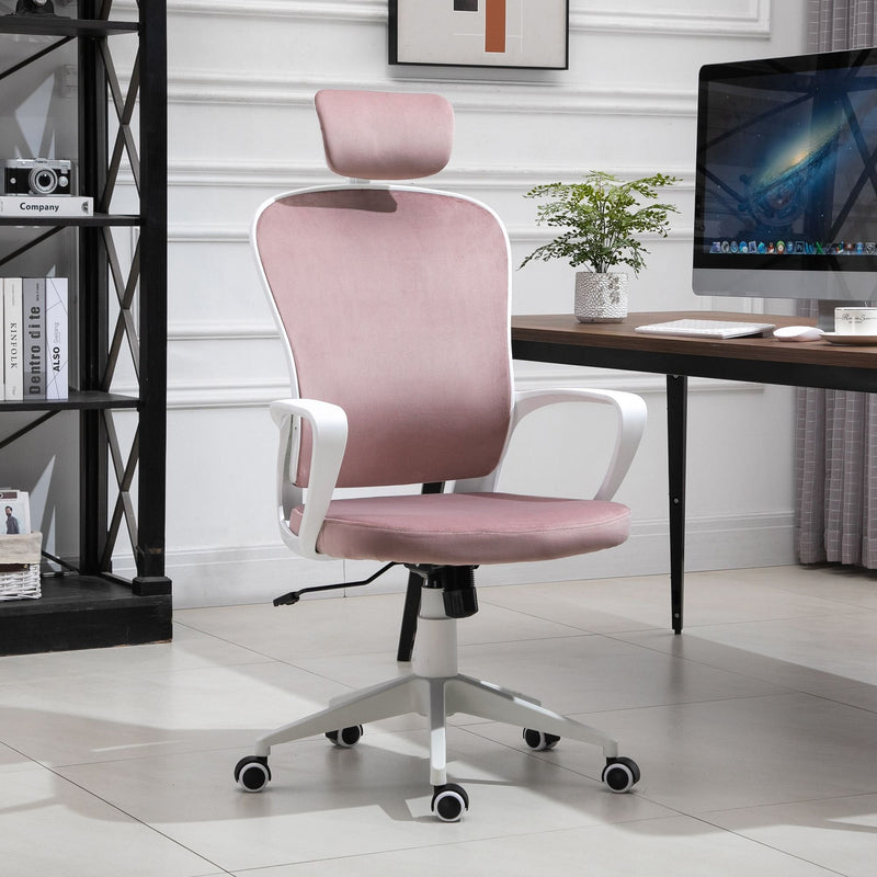 Vinsetto High-Back Office Chair Velvet Style Fabric Computer Home Rocking with Wheels, Rotatable Liftable Headrest, Pink w/ Wheel, Up-Down Headrest