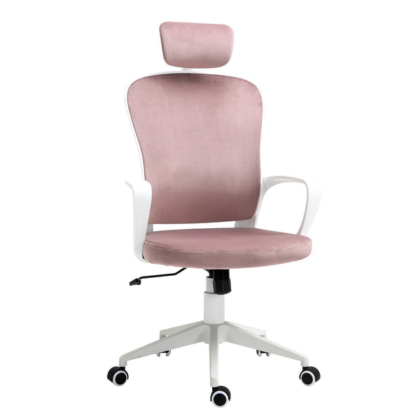 Vinsetto High-Back Office Chair Velvet Style Fabric Computer Home Rocking with Wheels, Rotatable Liftable Headrest, Pink w/ Wheel, Up-Down Headrest