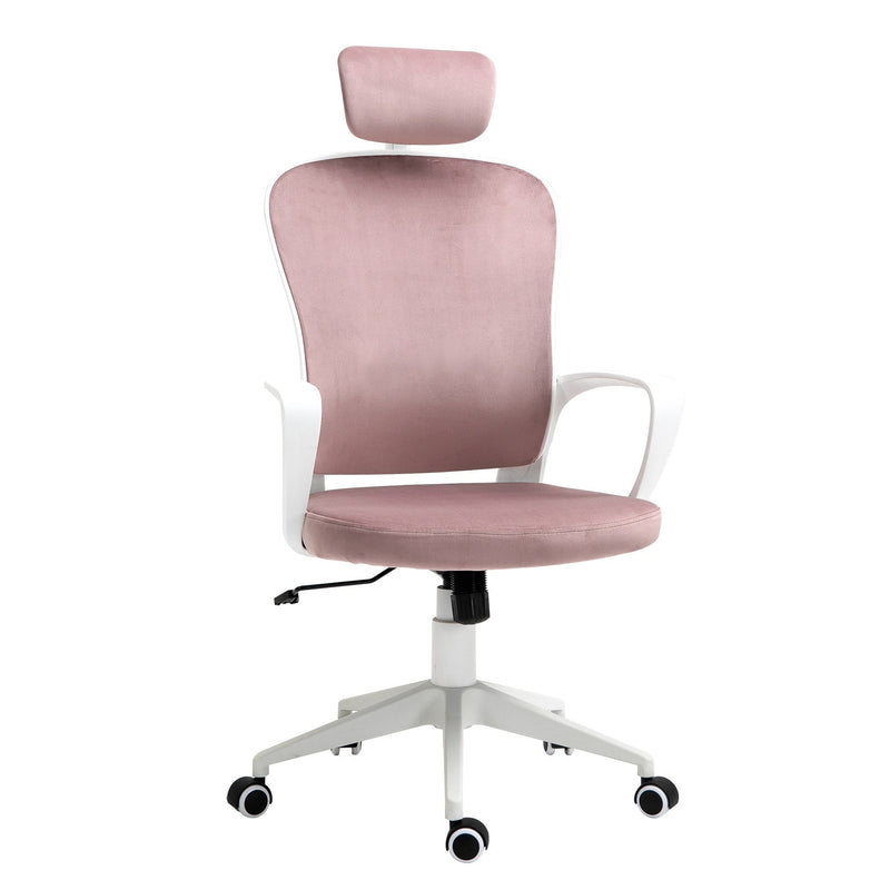 Vinsetto High-Back Office Chair Velvet Style Fabric Computer Home Rocking with Wheels, Rotatable Liftable Headrest, Pink w/ Wheel, Up-Down Headrest